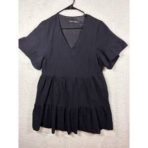 FANCYYINN Black Tiered Ruffle Sleeve V Neck Casual Mini Dress M